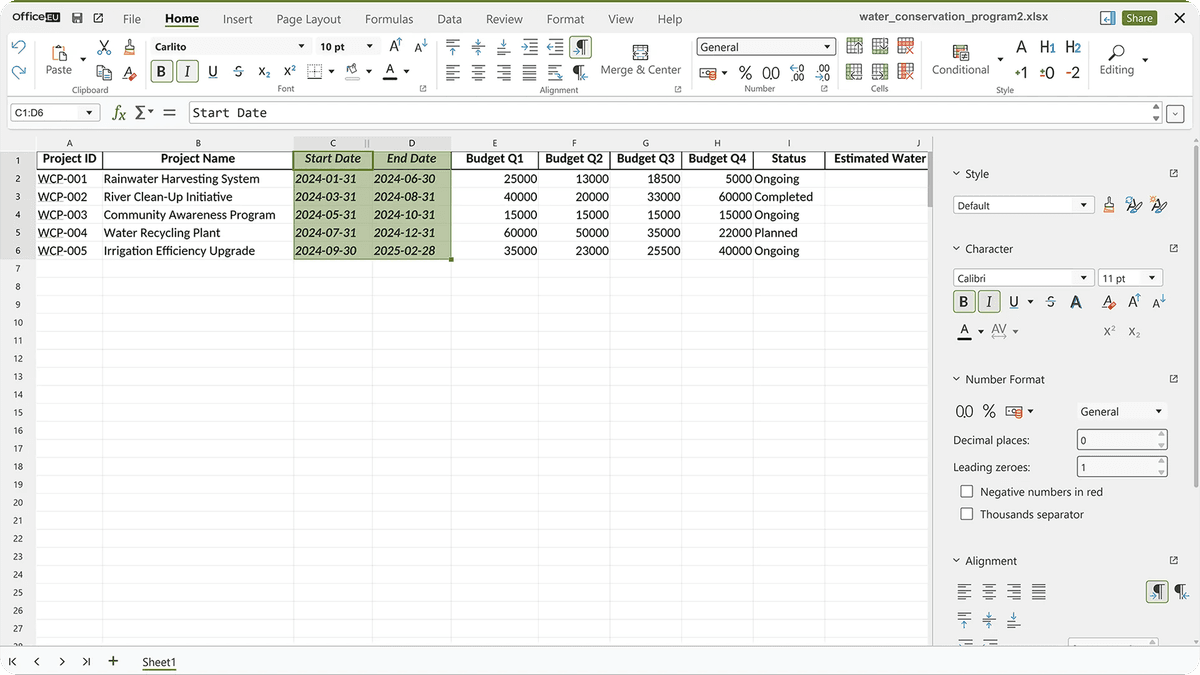 EU Spreadsheet screenshot